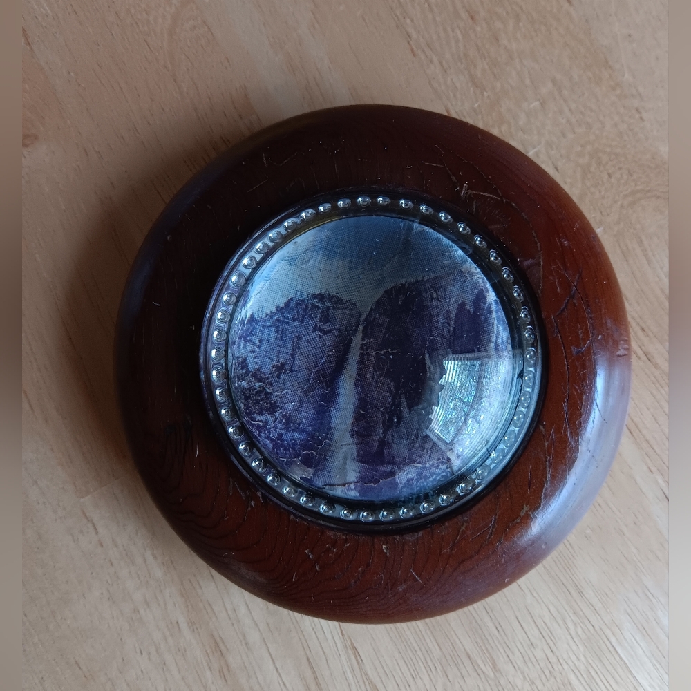 Vtg. 1950s-60s Sequoia Wood Desktop Magnifing Convex Glass Souvenir Paperweight
